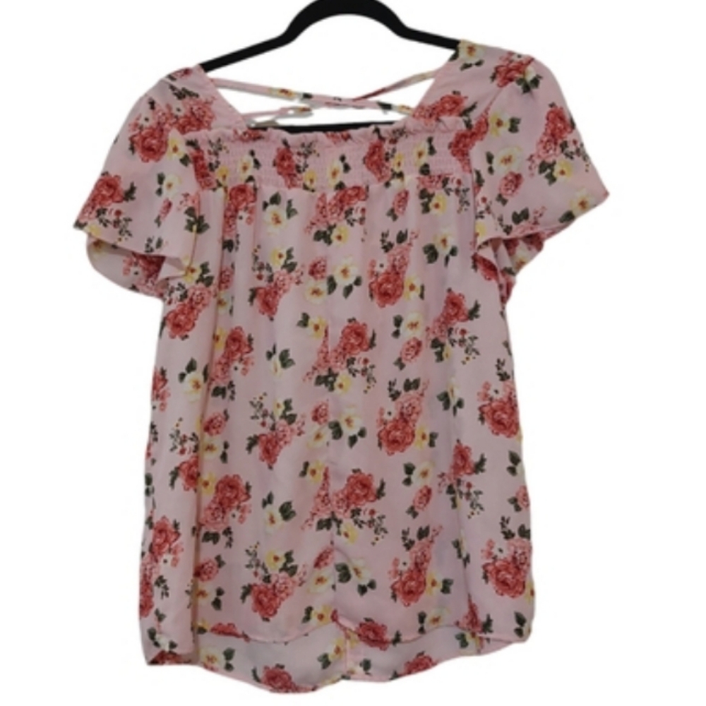 No Boundaries Pink Floral Womans Crossed Button Blouse Softgirl